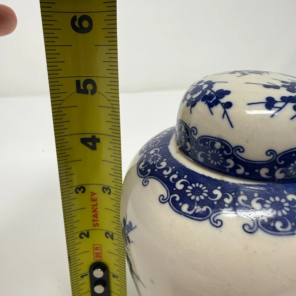 Vintage Japan Blue and White Ceramic Ginger Jar Floral Cherry Blossom 5 inches